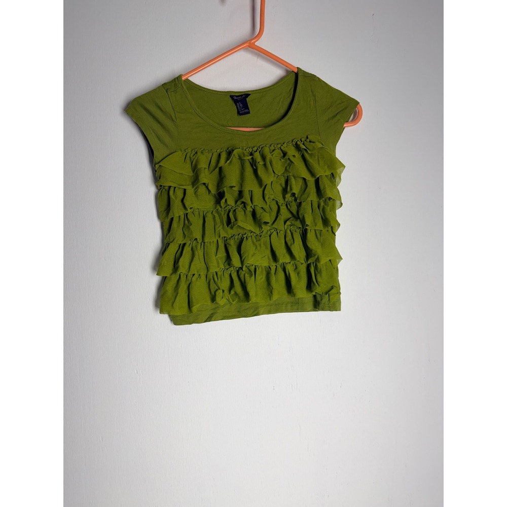 Forever 21 Girls Olive Green Ruffle Front Short Sleeve Top Size M 9/10